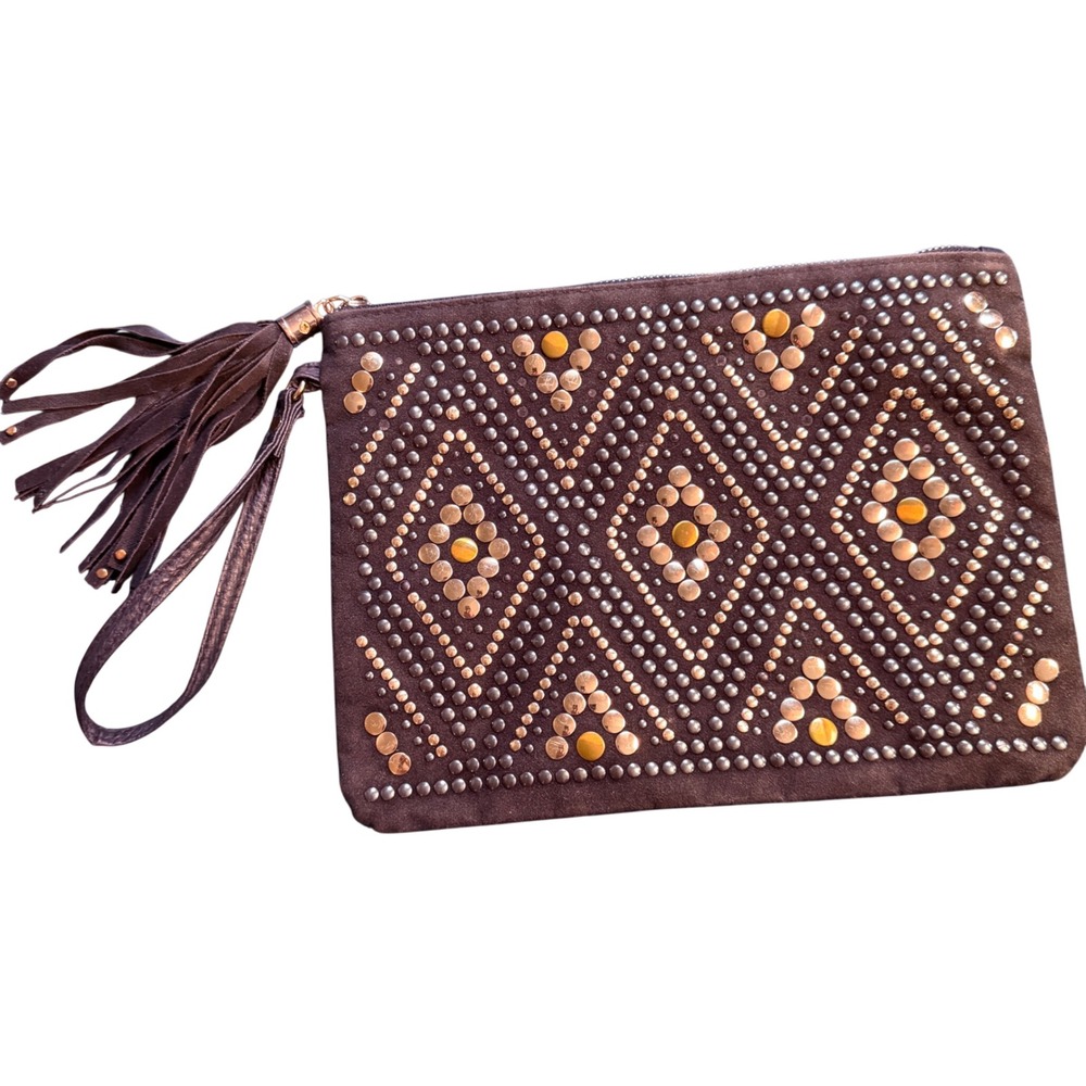 Nook Look Studded Clutch Rhinestone Tassel Wristlet Dark‎ Gray Evening Bag
